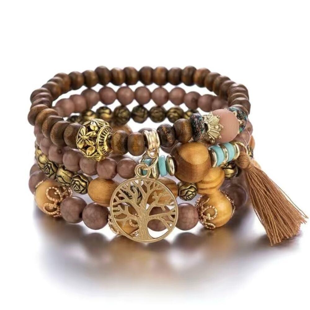 4 pc Stretch BOHO Brown Beaded Bracelet Earthtones Bohemian Sunshine Vibez